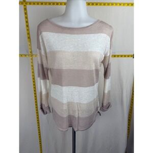 Kenar Sweater Women XS Beige Striped 100% Linen Coastal Knit Long Sleeve Preppy